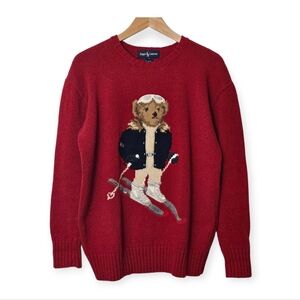 Vintage 80s Red Polo Ralph Lauren Ski Bear Hand Knit Sweater Medium